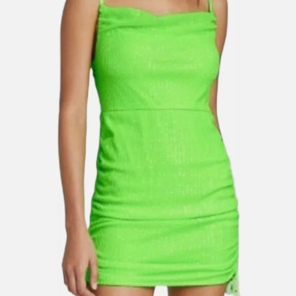 Wild Fable Neon Lime Green Sequin Mini Dress, Ruched Bodycon Party Dress -Medium